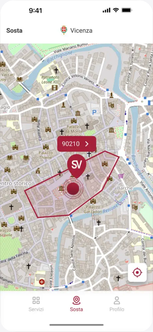 Schermata dell'app Sosta Vicenza con la mappa delle zone di sosta